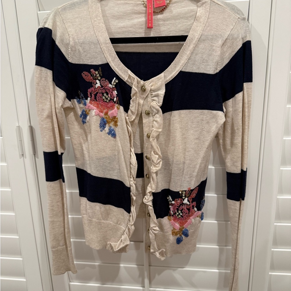 Charlotte Tarantola Cream and Black Striped Cardigan 34" x 25"